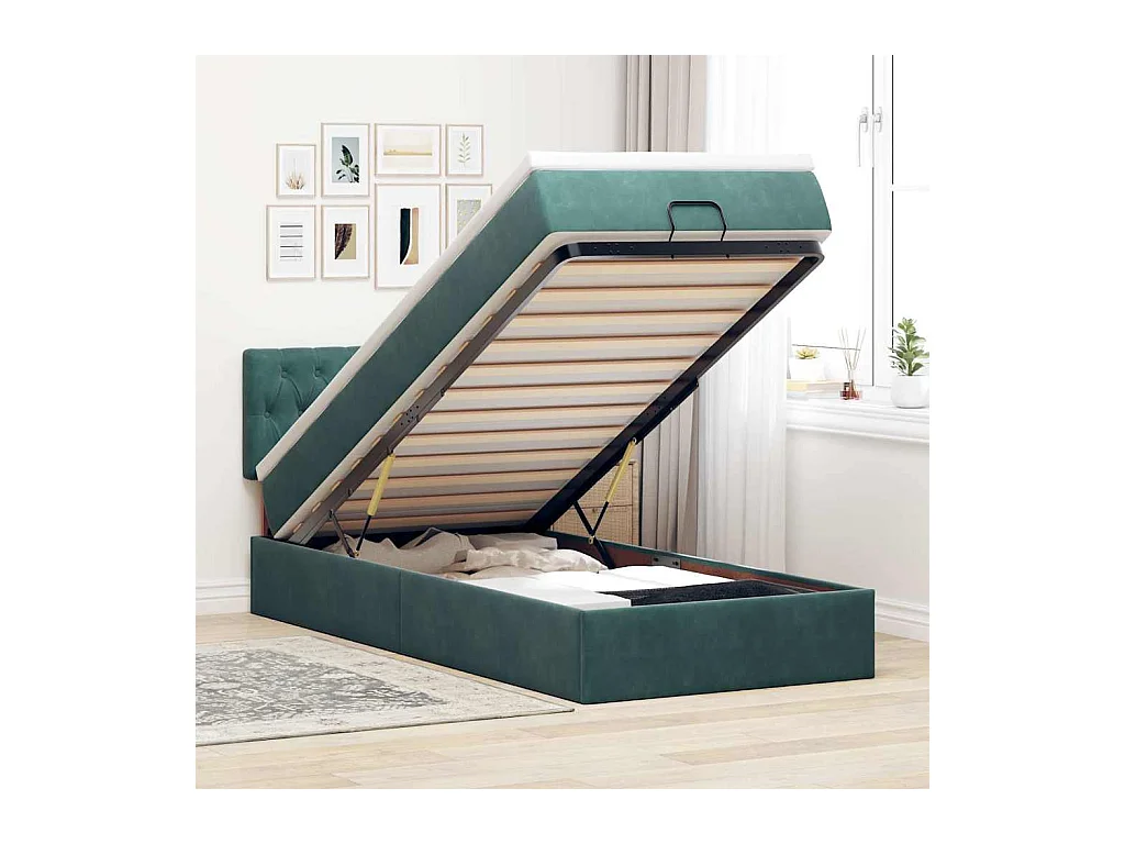 Cadre de lit ottoman avec matelas vert foncé 90x200 cm velours