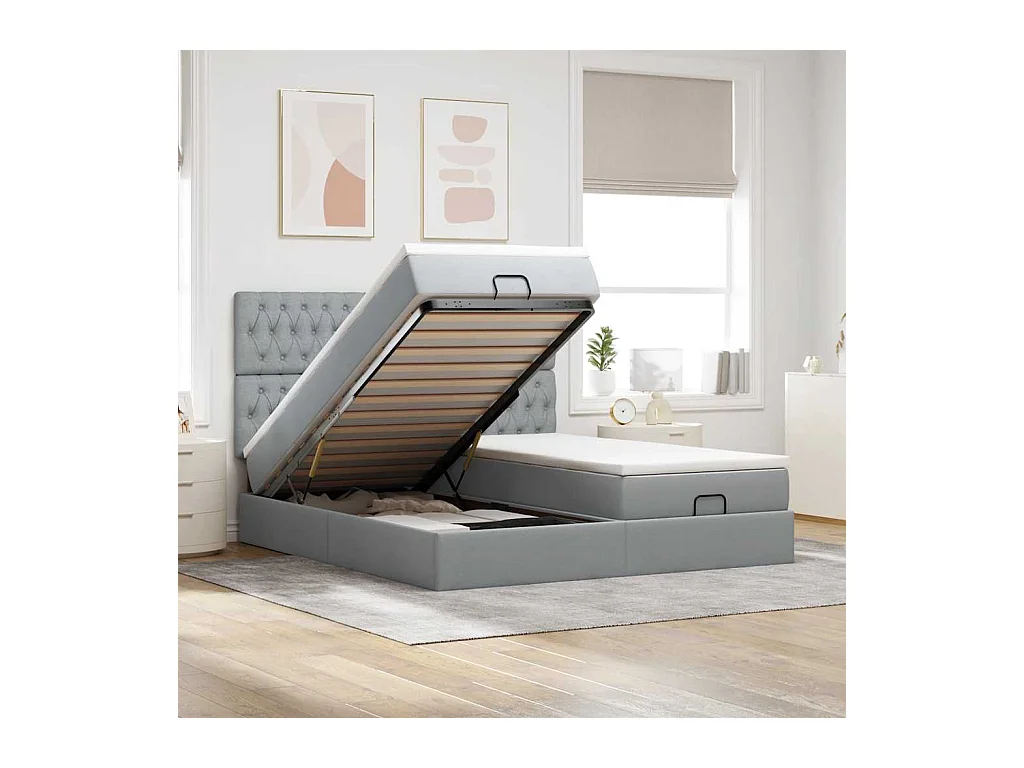 Cadre de lit ottoman et matelas gris clair 180x200cm tissu