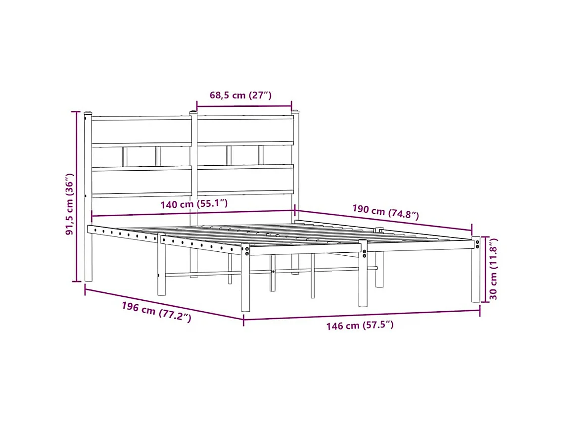 Cadre de lit en métal sans matelas chêne sonoma 140x190 cm