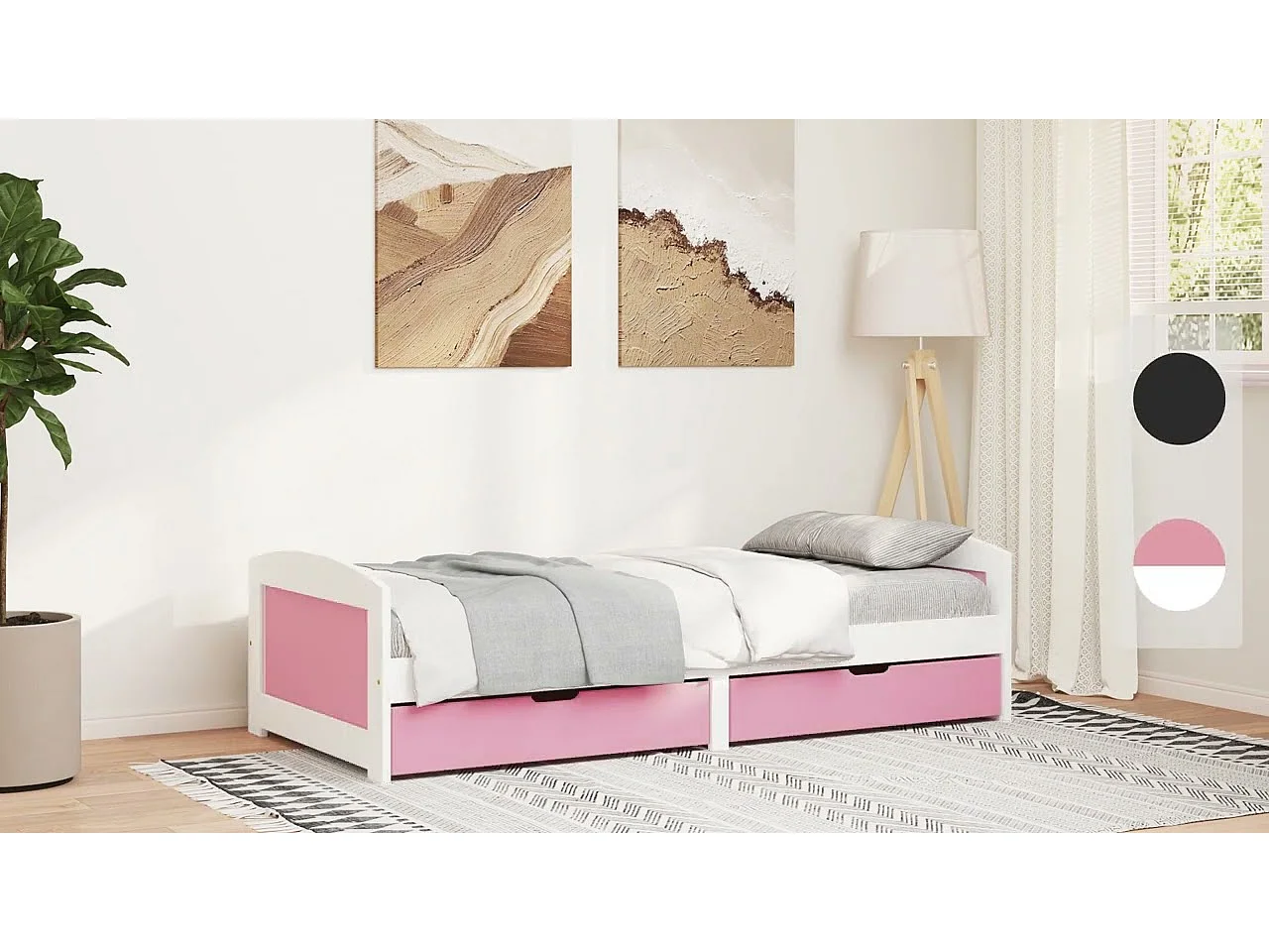 Slaapbank met 2 lades zonder matras IRUN 90x200 cm wit en roze