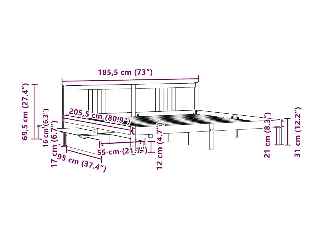Letto senza Materasso 180x200 cm in Legno Massello di Pino