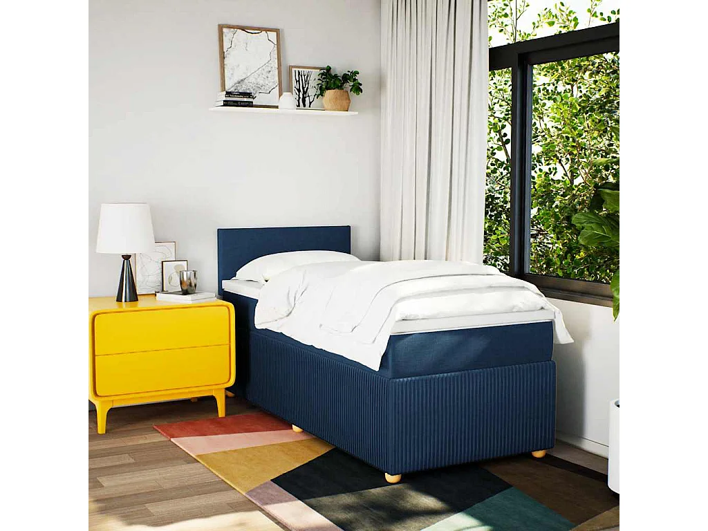 Cama box spring con colchón tela azul 100x200 cm