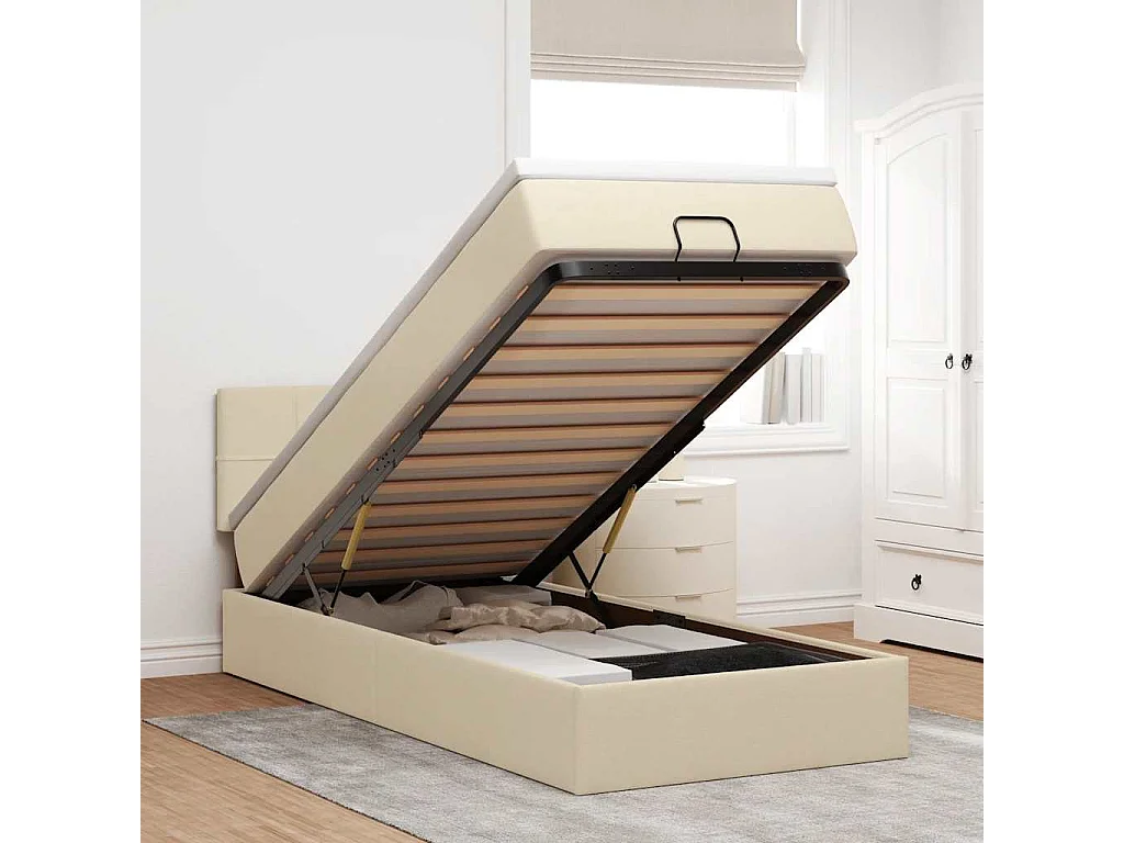 Pouf Letto con Materasso Crema 90x200 cm in Tessuto