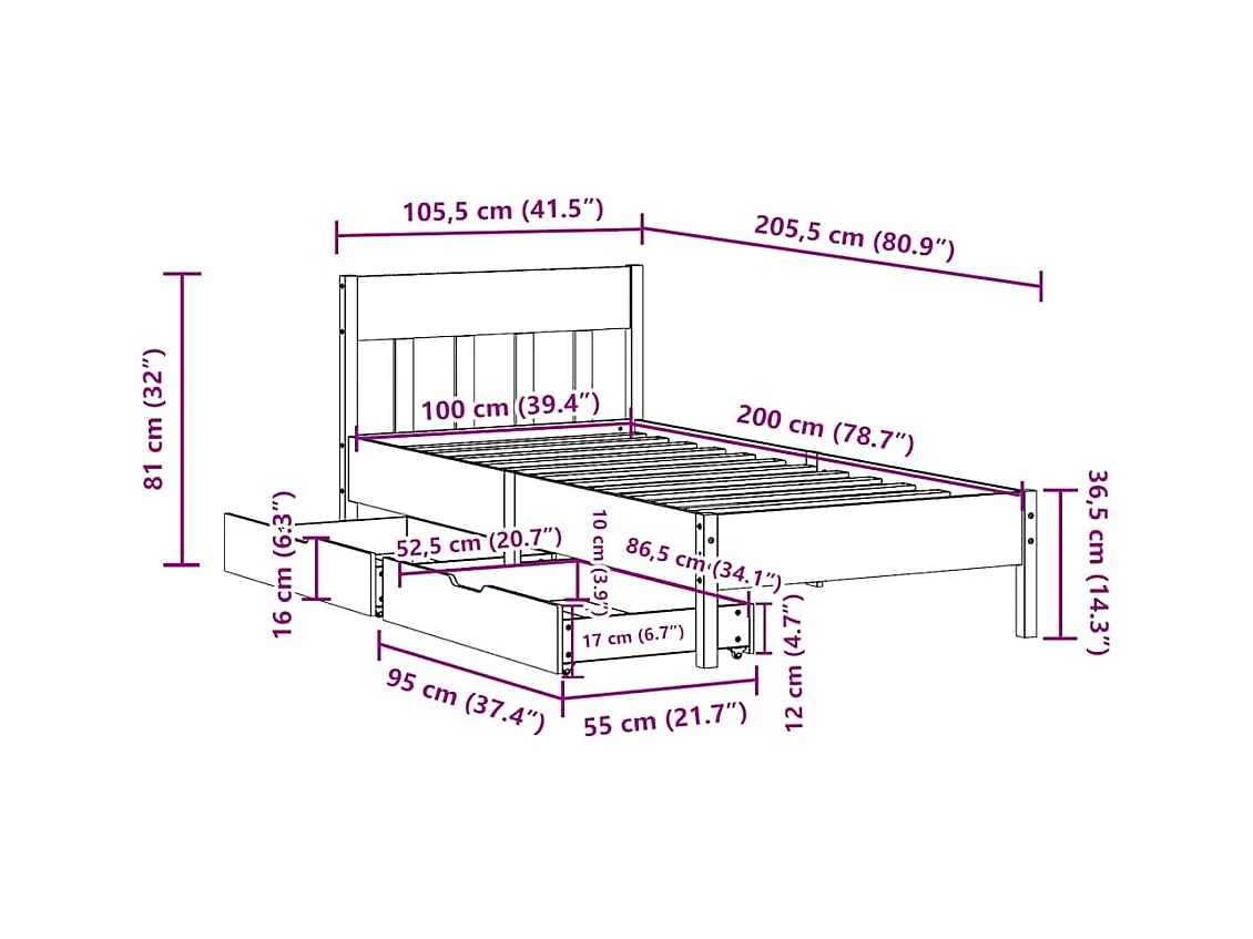Cadre de lit sans matelas blanc 100x200 cm bois de pin massif