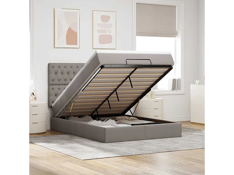 Cadre de lit ottoman avec matelas taupe 140x200 cm tissu
