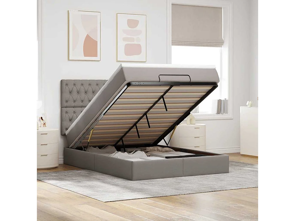 Cadre de lit ottoman avec matelas taupe 140x200 cm tissu