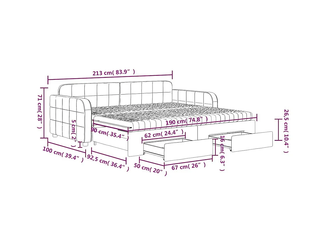 Lit de jour avec gigogne et tiroirs gris foncé 90x190cm velours