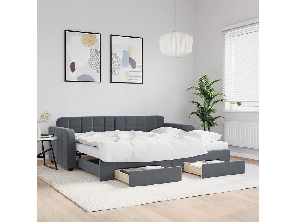Divano Letto Estraibile Cassetti Grigio Scuro 90x190cm Velluto