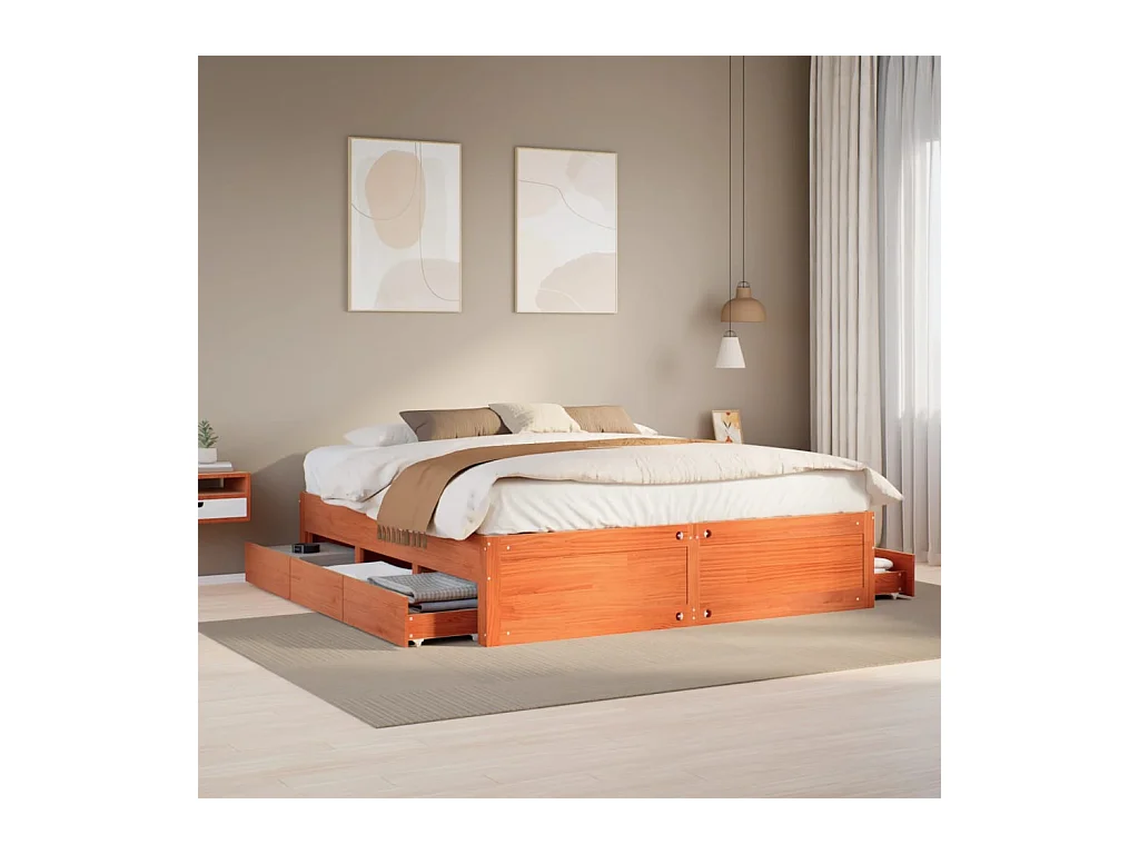 Cadre de lit sans matelas avec tiroirs brun cire 180x200 cm pin