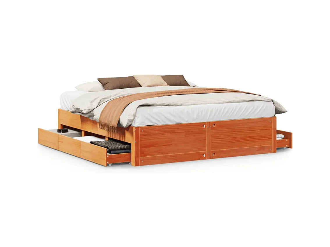 Cadre de lit sans matelas avec tiroirs brun cire 180x200 cm pin