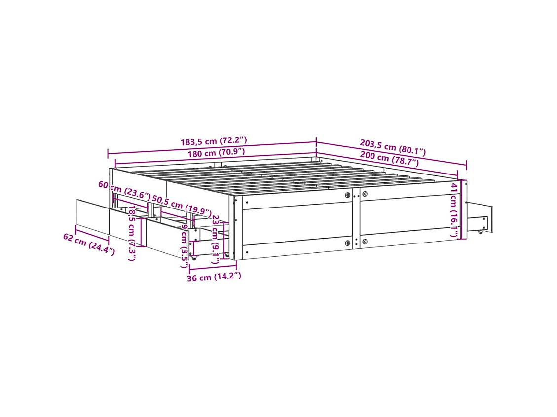 Cadre de lit sans matelas avec tiroirs brun cire 180x200 cm pin