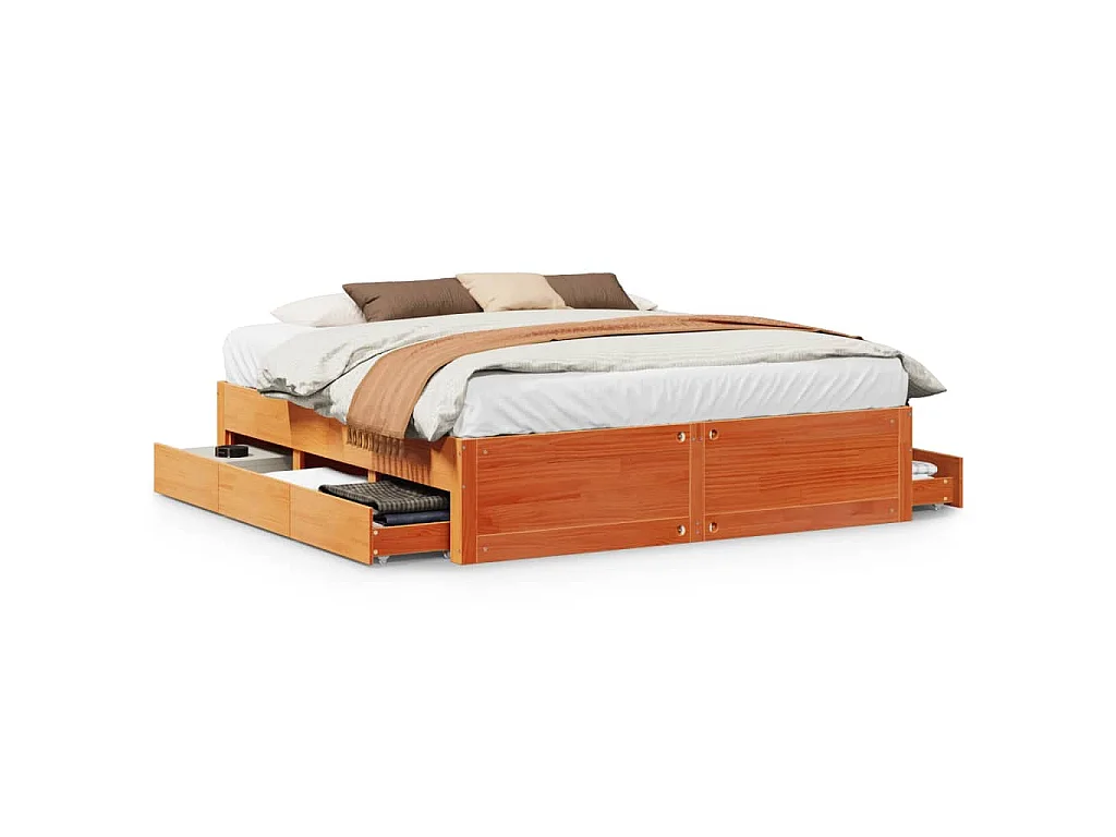 Cadre de lit sans matelas avec tiroirs brun cire 180x200 cm pin
