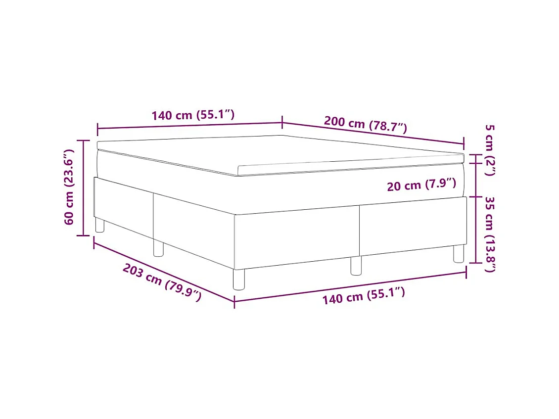 Lit à ressorts Gris clair et blanc 203 x 140 x 60 cm
