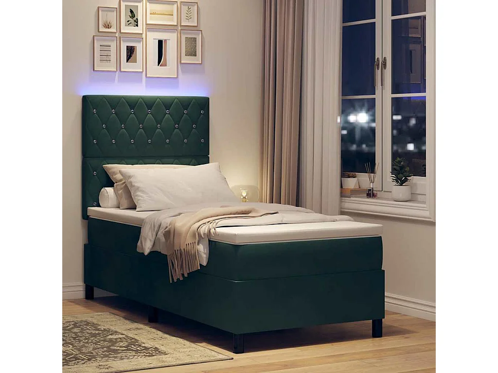 Lit à ressort LED avec matelas Vert foncé 90 x 190 cm tissu