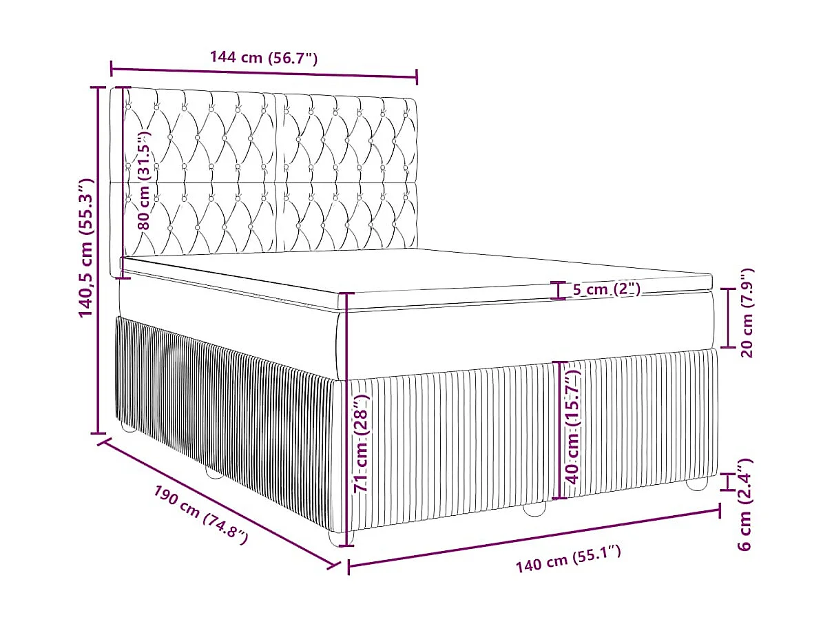 Cama box spring con colchón terciopelo rosa 140x190 cm