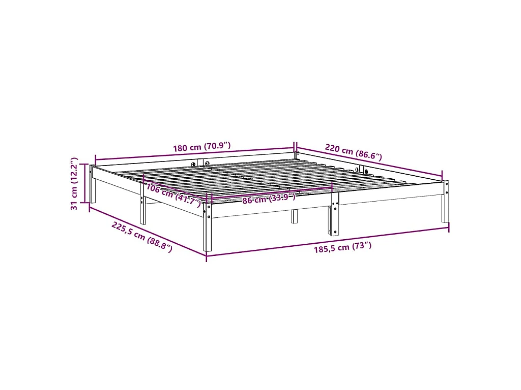 Cadre de lit extra long sans matelas 180x220 cm bois massif pin