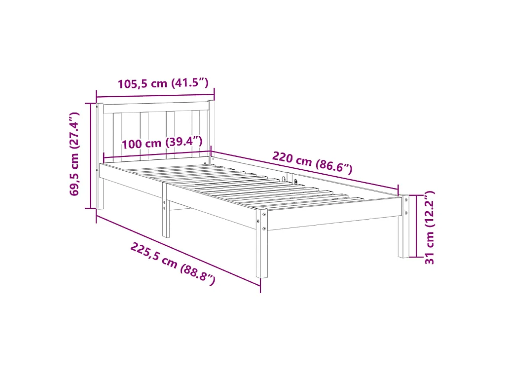 Cadre de lit extra long sans matelas 100x220 cm bois massif pin