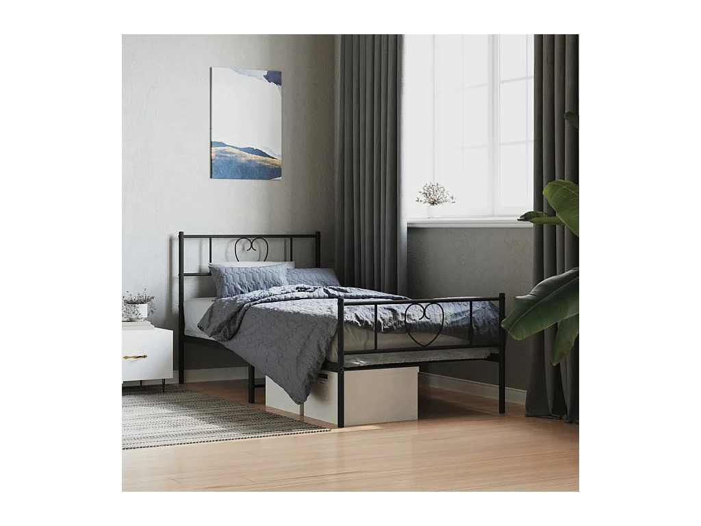 Cadre de lit métal sans matelas avec pied de lit noir 90x190 cm