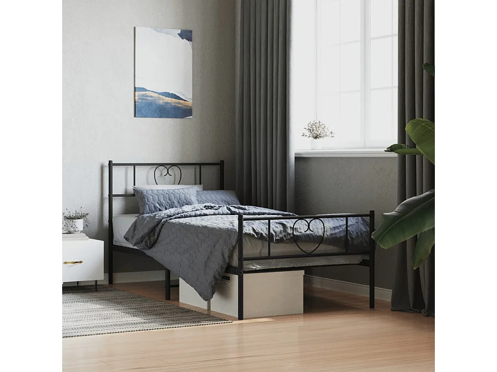 Cadre de lit métal sans matelas avec pied de lit noir 90x190 cm