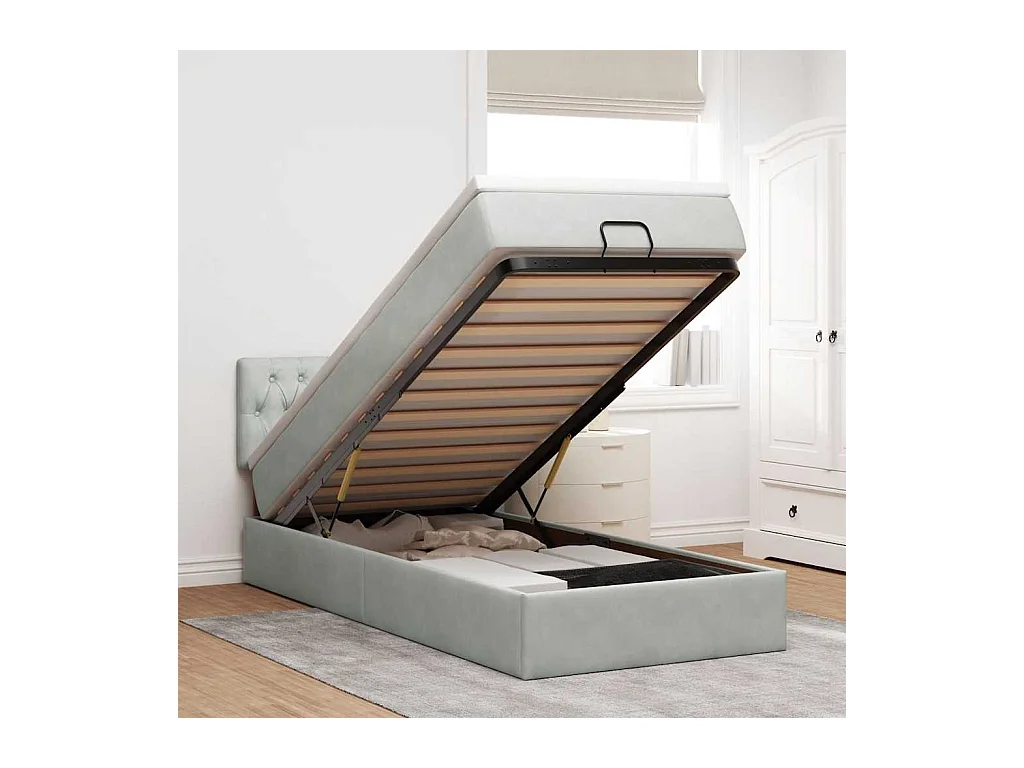 Cadre de lit ottoman et matelas gris clair 100x200 cm velours