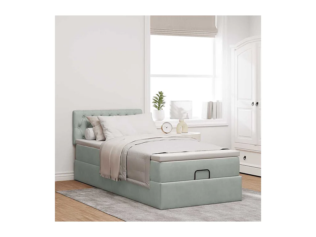 Cadre de lit ottoman et matelas gris clair 100x200 cm velours
