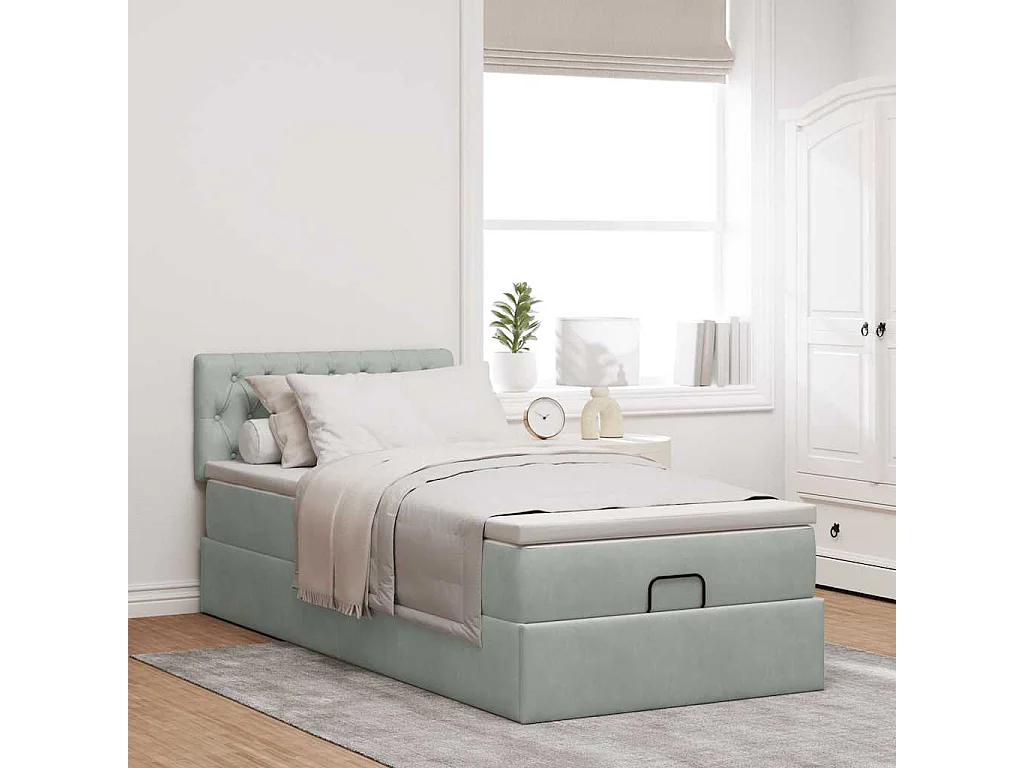 Estructura cama otomana colchón terciopelo gris claro 100x200cm