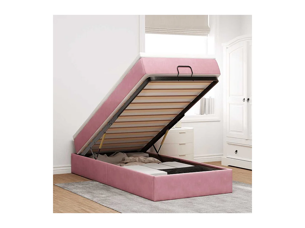 Cadre de lit ottoman avec matelas rose 100x200 cm velours
