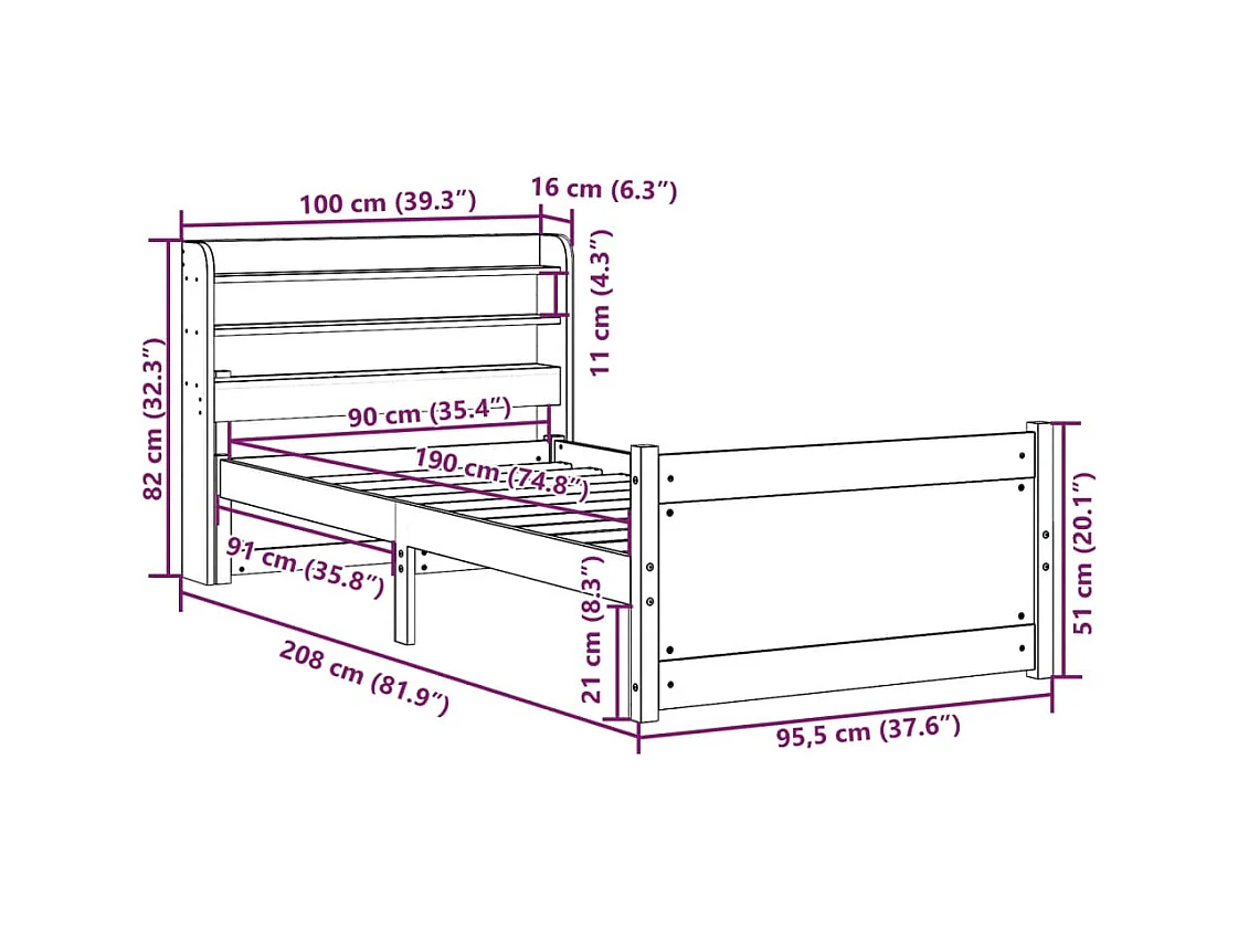 Cadre de lit avec tête de lit sans matelas 90x190 cm