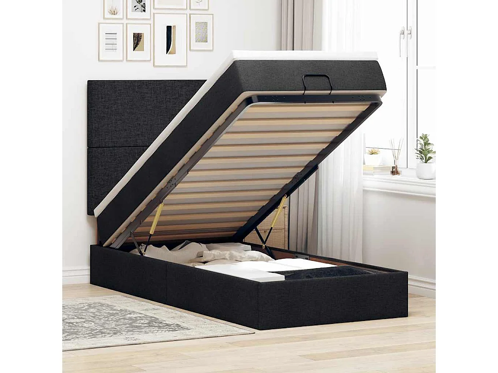 Lit ottoman avec matelas noir 90x200 cm tissu