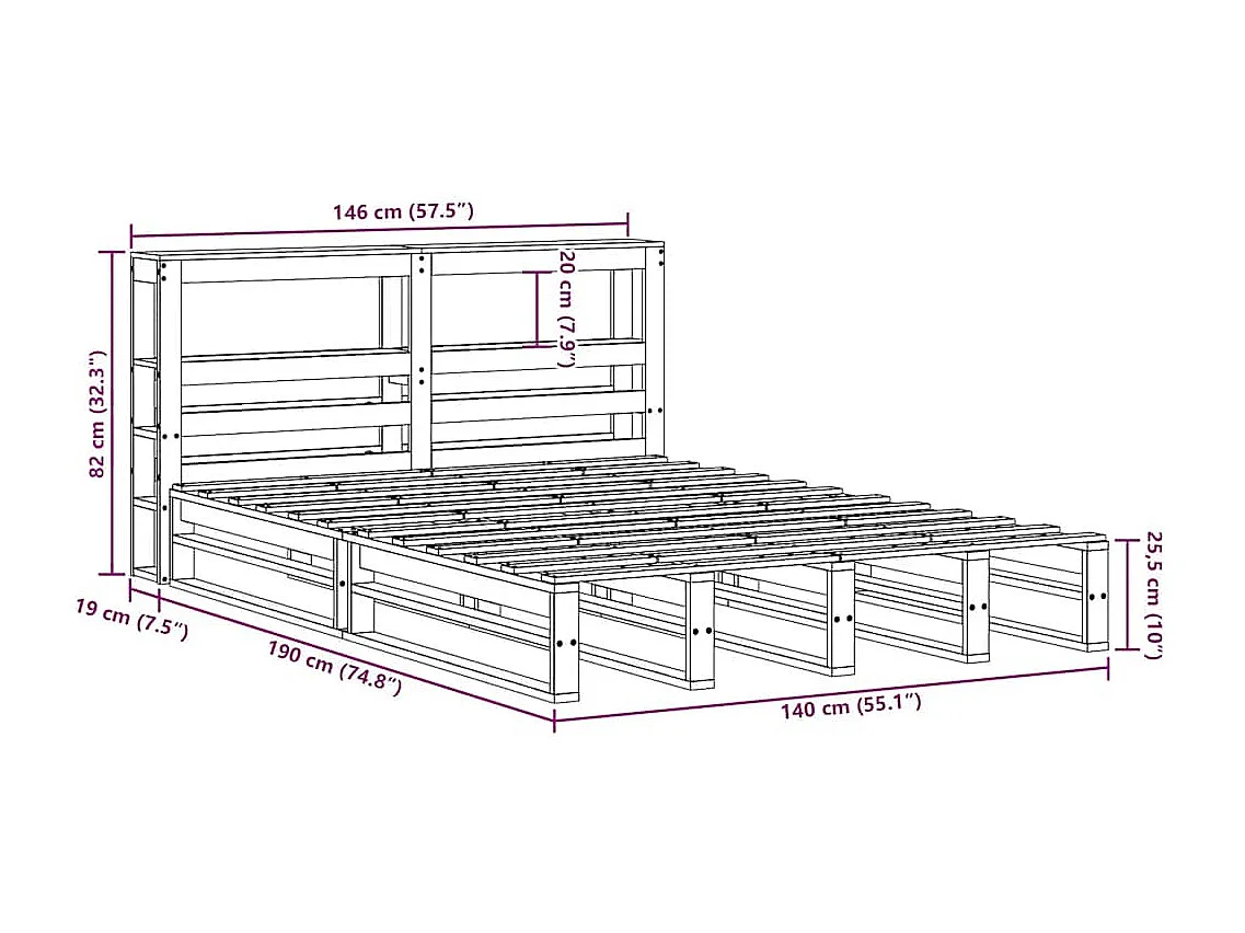 Cama sin colchón madera maciza de pino marrón cera 140x190 cm