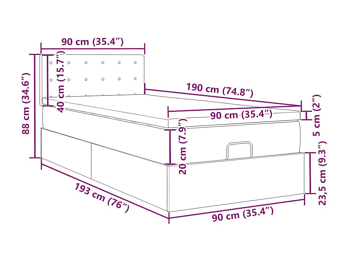 Struttura Letto Pouf con Materasso Tortora 90x190 cm in Tessuto