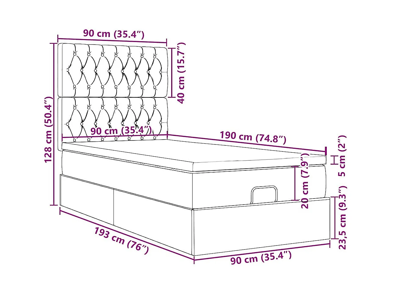 Ottoman bed met matras en LED's 90x190cm stof lichtgrijs