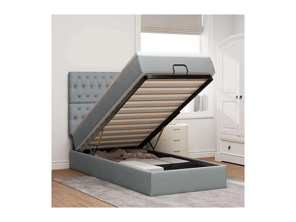 Ottoman-Bett mit Matratze & LEDs Hellgrau 90x190 cm Stoff
