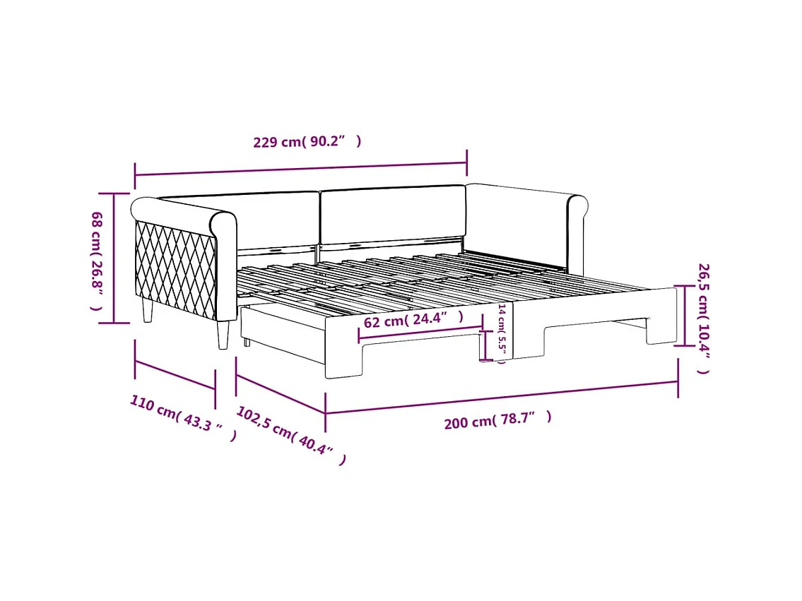 Lit de jour avec gigogne sans matelas gris foncé 100x200 cm