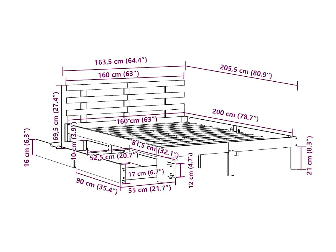Massivholzbett mit Schubladen 160x200 cm Kiefer
