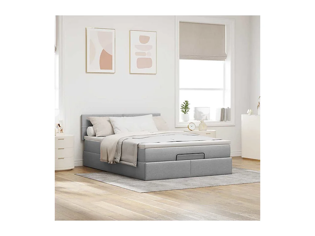 Lit ottoman avec matelas et LED gris clair 140x190 cm tissu