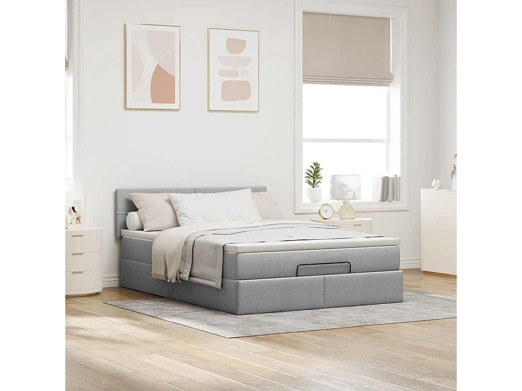 Cama otomana con colchón LED gris claro 140x190 cm tela
