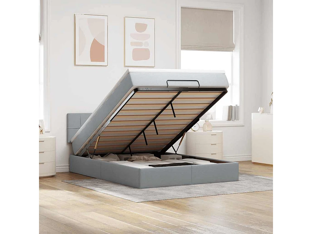 Cama Otomana com Colchão & LEDs Cinzento Claro 140x190cm Tecido