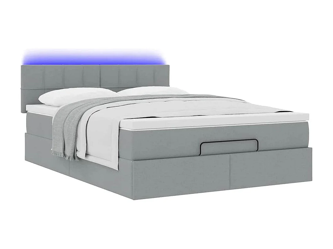 Cama Otomana com Colchão & LEDs Cinzento Claro 140x190cm Tecido