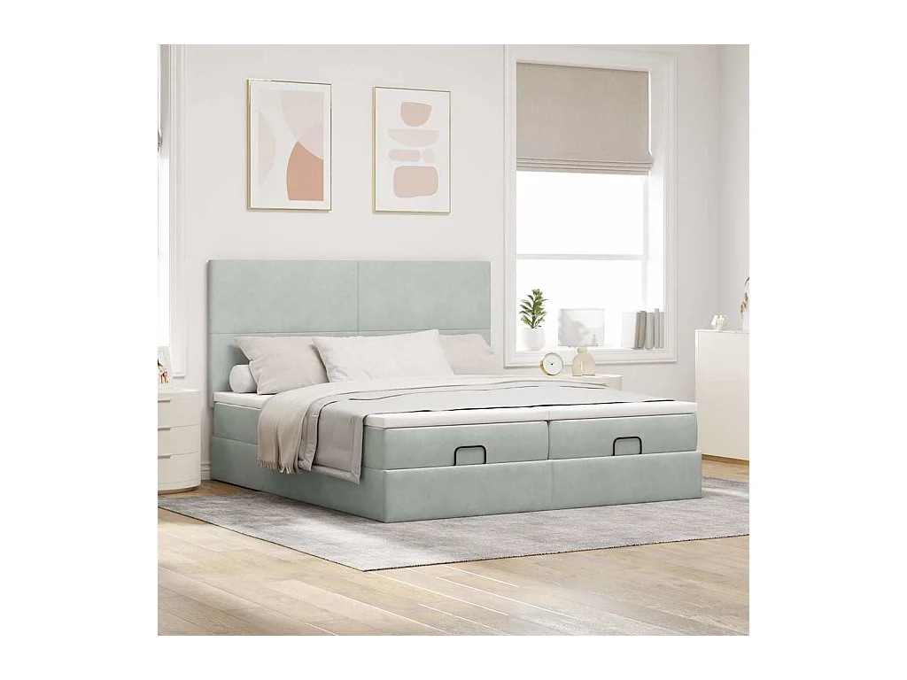 Cadre de lit ottoman et matelas gris clair 160x200cm velours