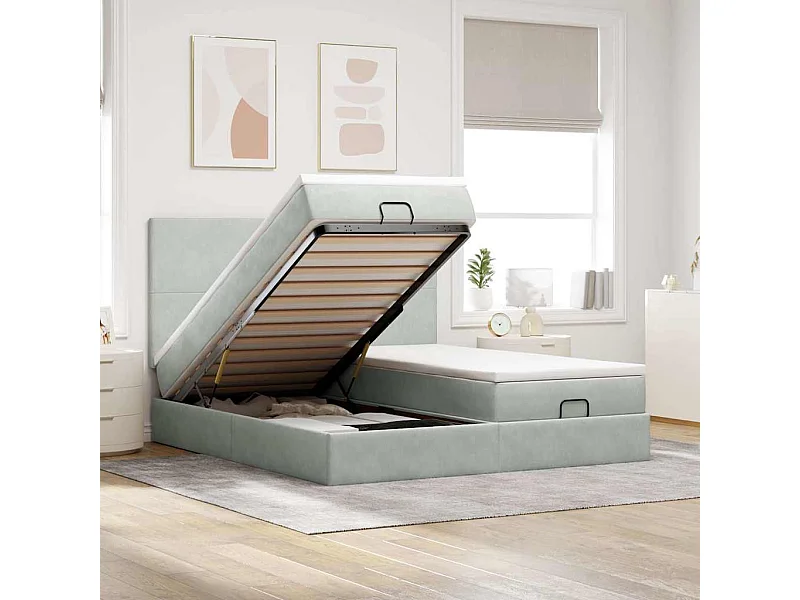 Cadre de lit ottoman et matelas gris clair 160x200cm velours