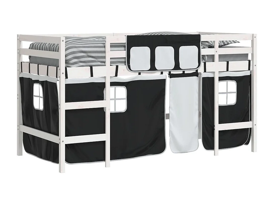 Cama alta criança c/ cortina 90x190cm pinho maciço branco/preto