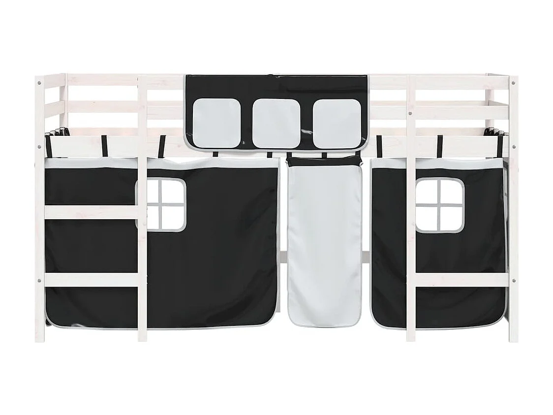 Cama alta criança c/ cortina 90x190cm pinho maciço branco/preto