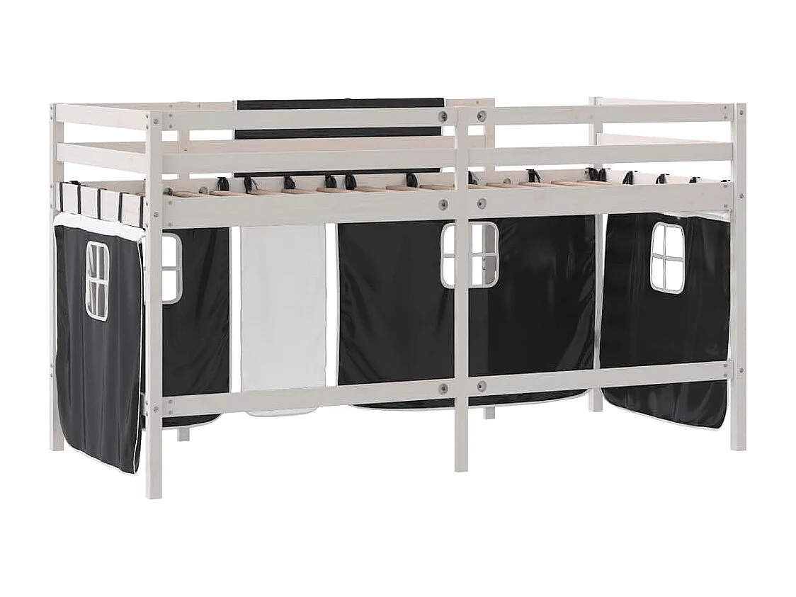 Cama alta criança c/ cortina 90x190cm pinho maciço branco/preto