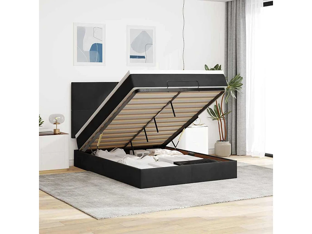 Cadre de lit ottoman avec matelas noir 140x200 cm velours