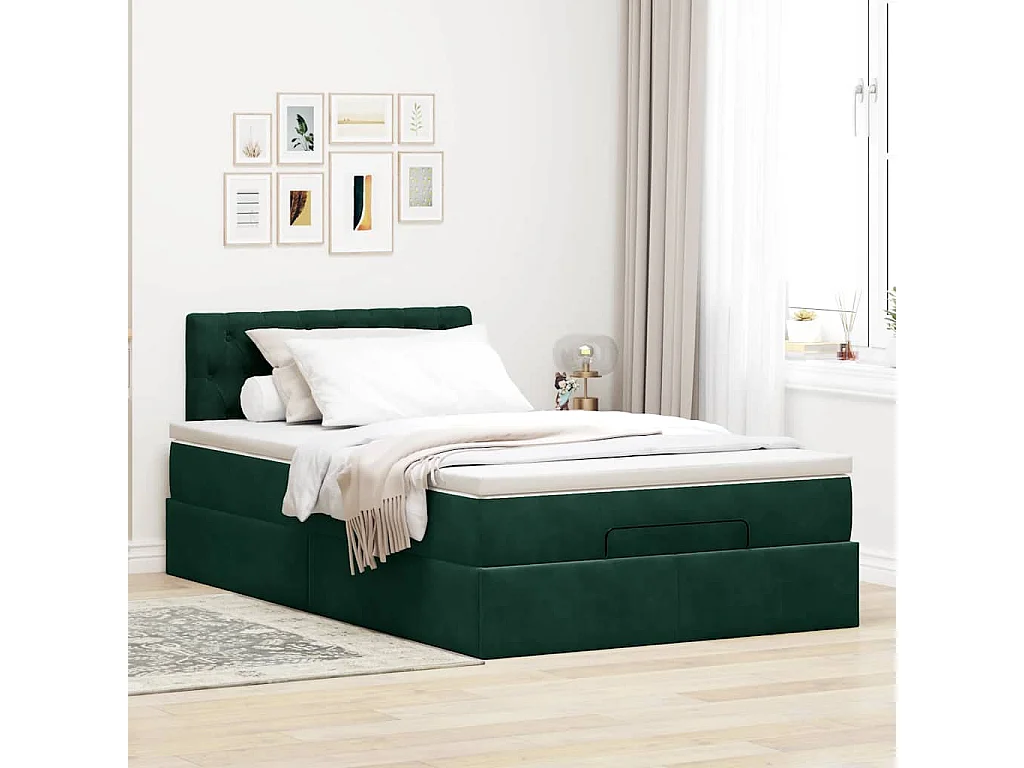 Cama otomana con colchón&LED terciopelo verde oscuro 120x190cm