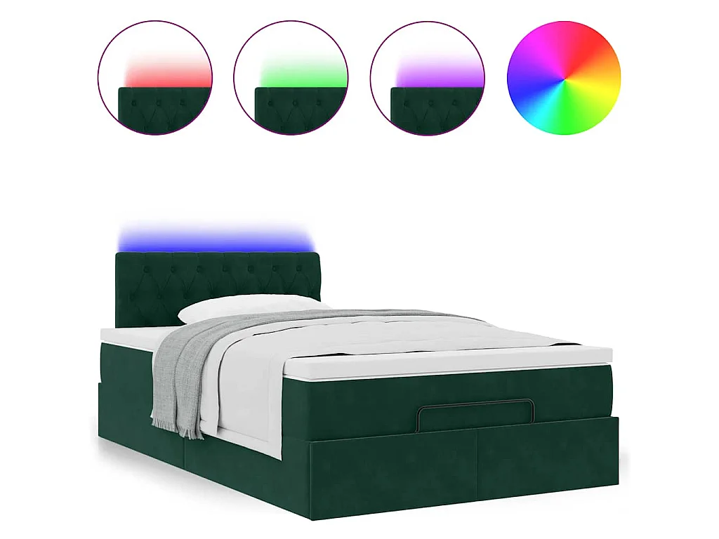 Cama otomana con colchón&LED terciopelo verde oscuro 120x190cm