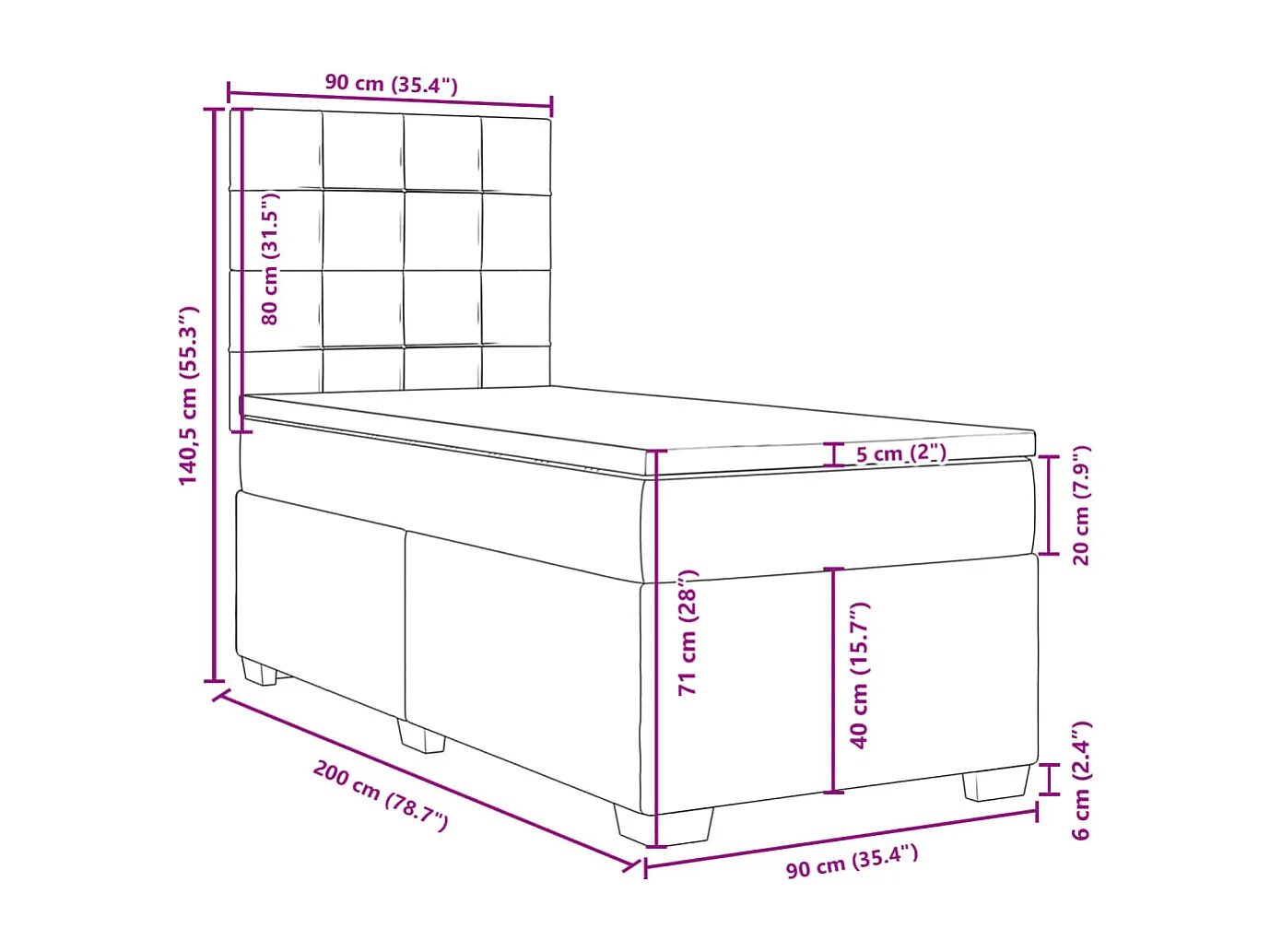 Cama box spring con colchón terciopelo rosa 90x200 cm