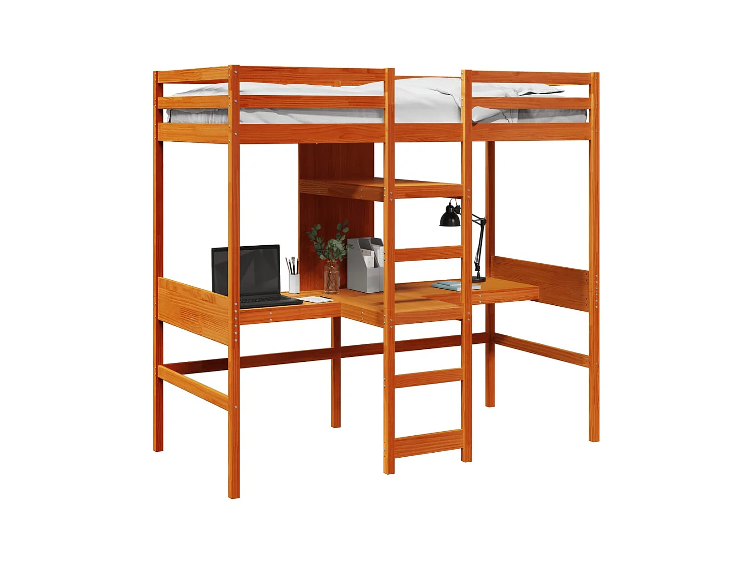 Lit mezzanine avec bureau et étagères brun cire 90x200 cm pin