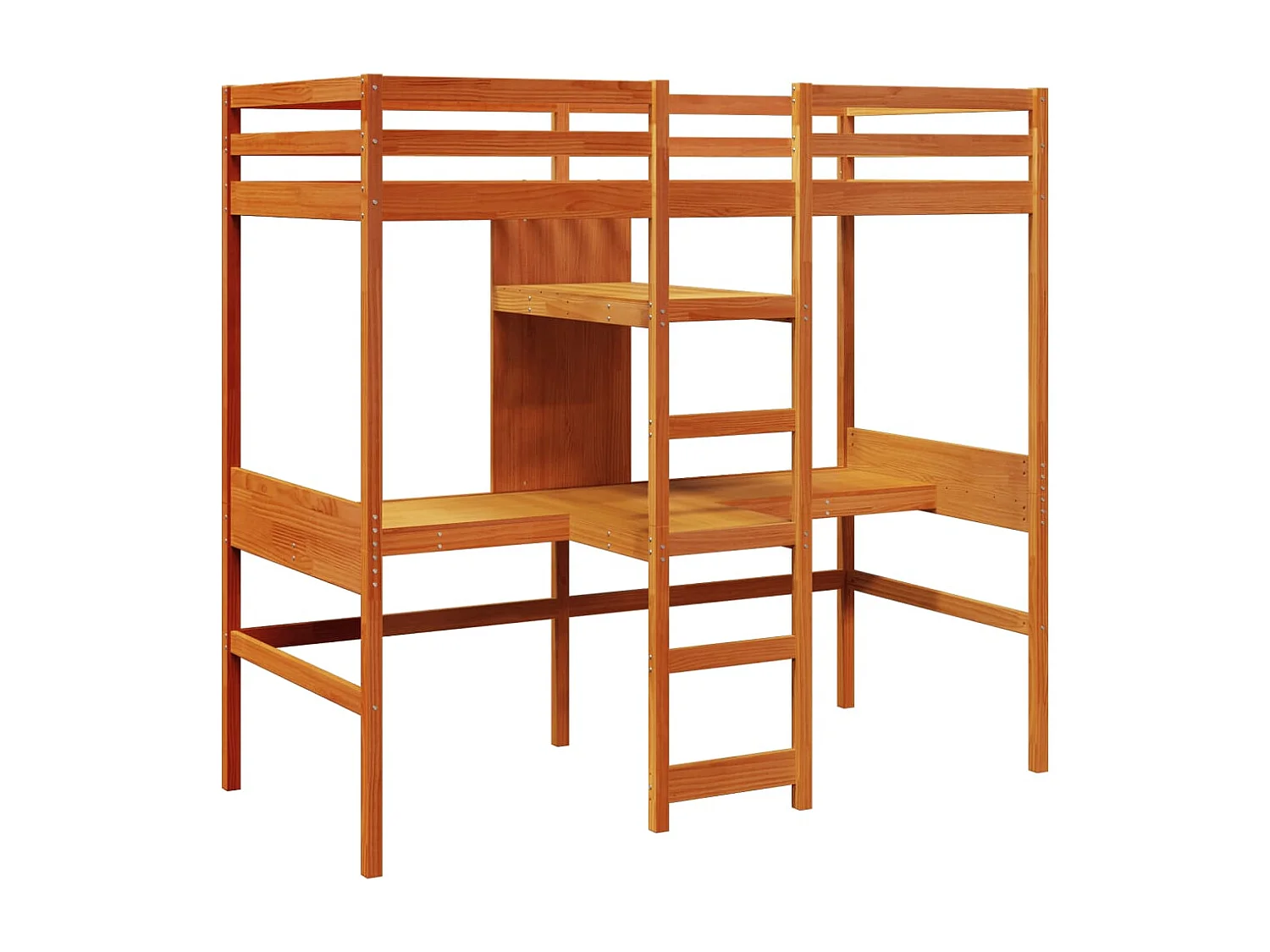 Hochbett mit Schreibtisch & Ablagen Braun 90x200 cm Kiefernholz